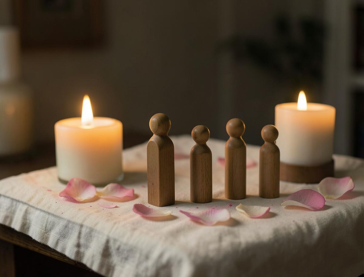 Figurines en bois disposées sur un lin clair à la lueur de bougies