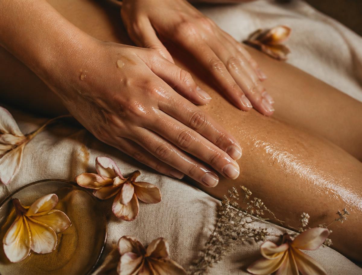 Mains reposées sur une peau chaude, gouttes d'huile dorée, pétales de frangipanier sur lin naturel