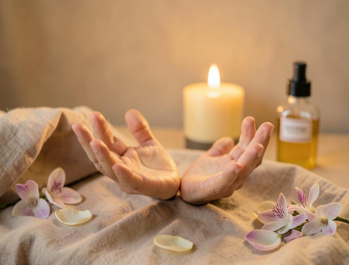 Mains ouvertes dans une ambiance cocon, bougie et fleurs délicates